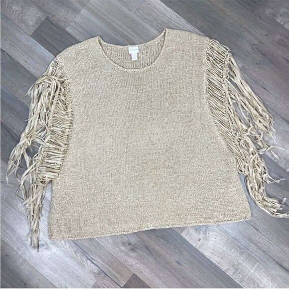 Chico’s Boho Western Tarrin Tape Yarn Fringe Poncho Sweater Taupe Tan Large XL - Picture 7 of 11